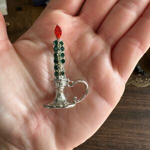 Silver Candle Brooch with Red and Green Accents Christmas